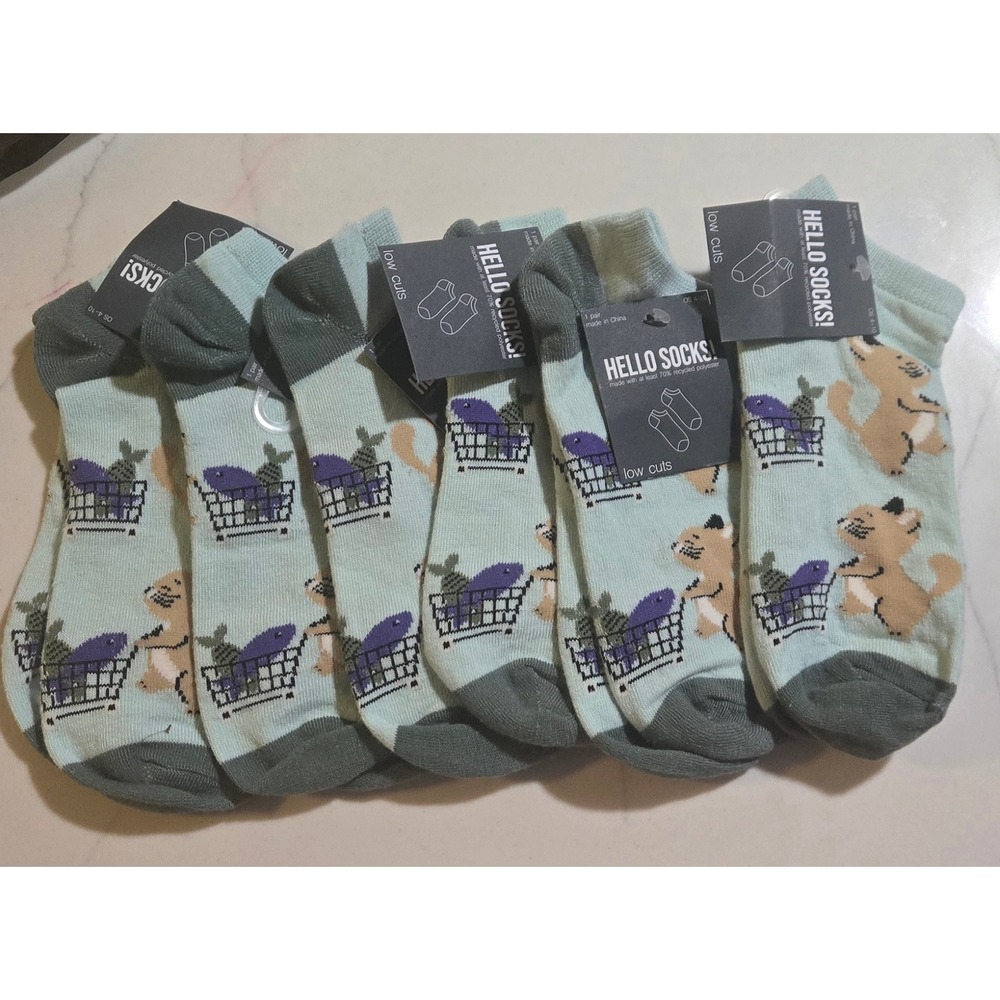 Hello Socks! Cat Shopping for Fish Low Cut Ankle Socks 6 Pair Set Aqua Grey OS